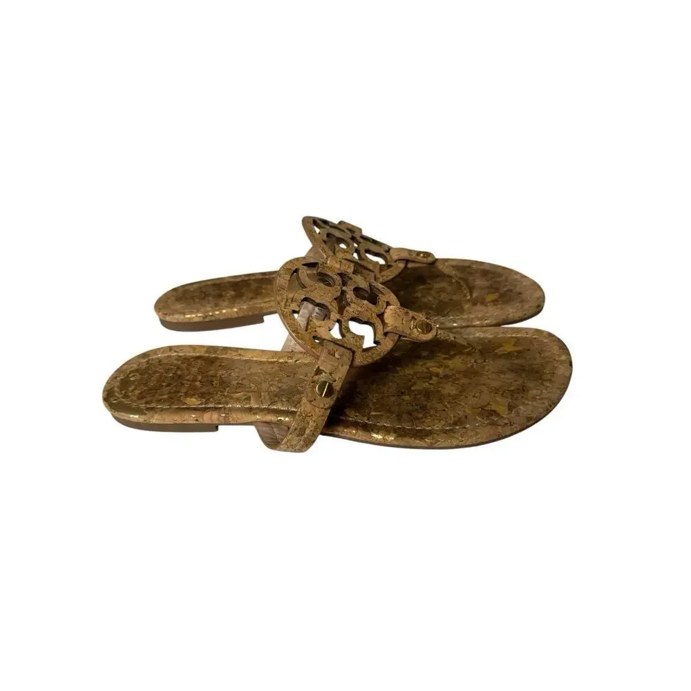 Tory Burch Miller Cork Neutral Thong Sandals Classic Logo Size US 8 Gold Flecks